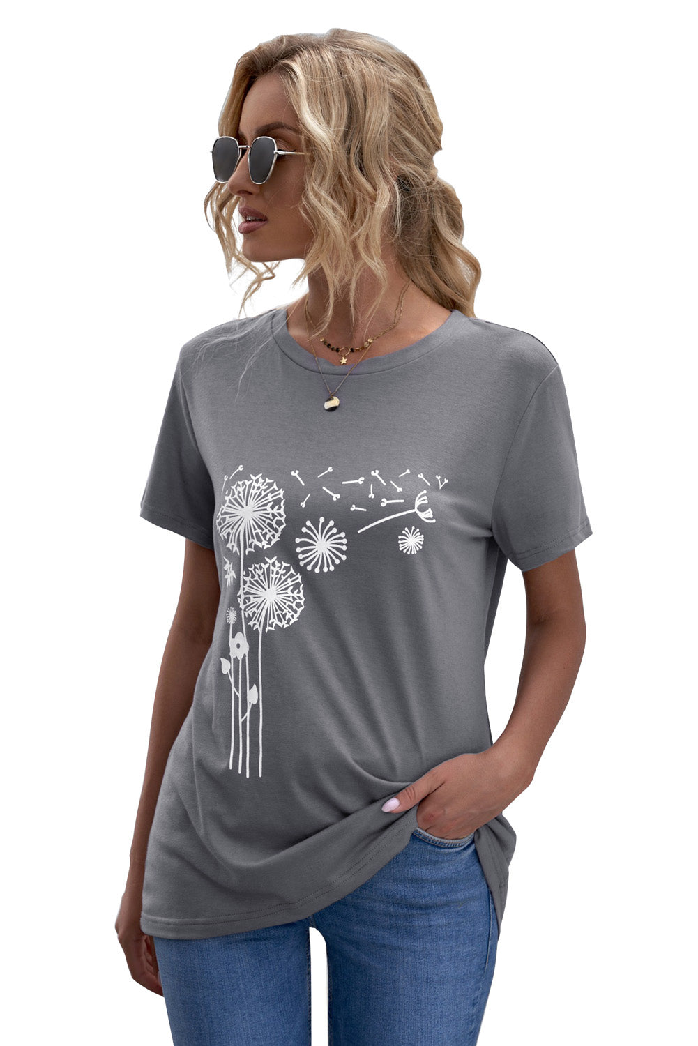 Grey Crew Neck Dandelion Print T-shirt