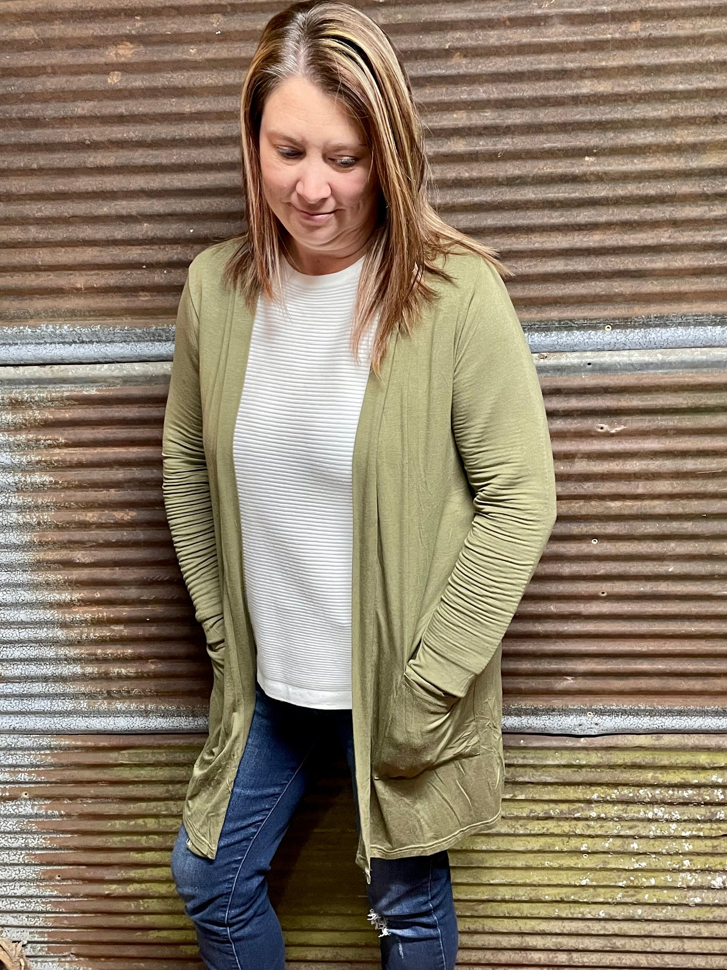 Lightweight Drape Cardigan with Pockets - Olive