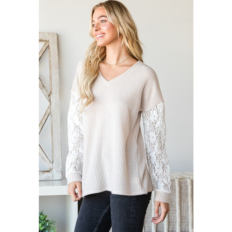 OATMEAL SOLID WAFFLE AND LACE TOP