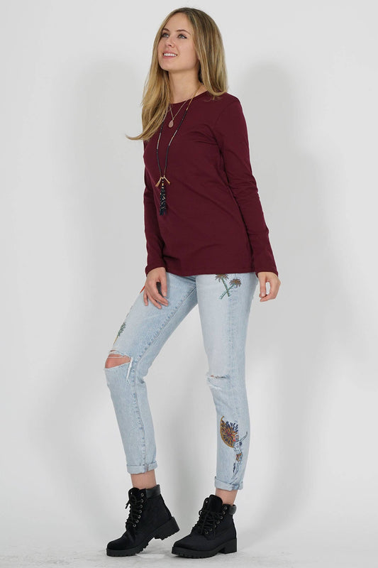 COTTON CREW NECK LONG SLEEVE T-SHIRT - DARK BURGUNDY