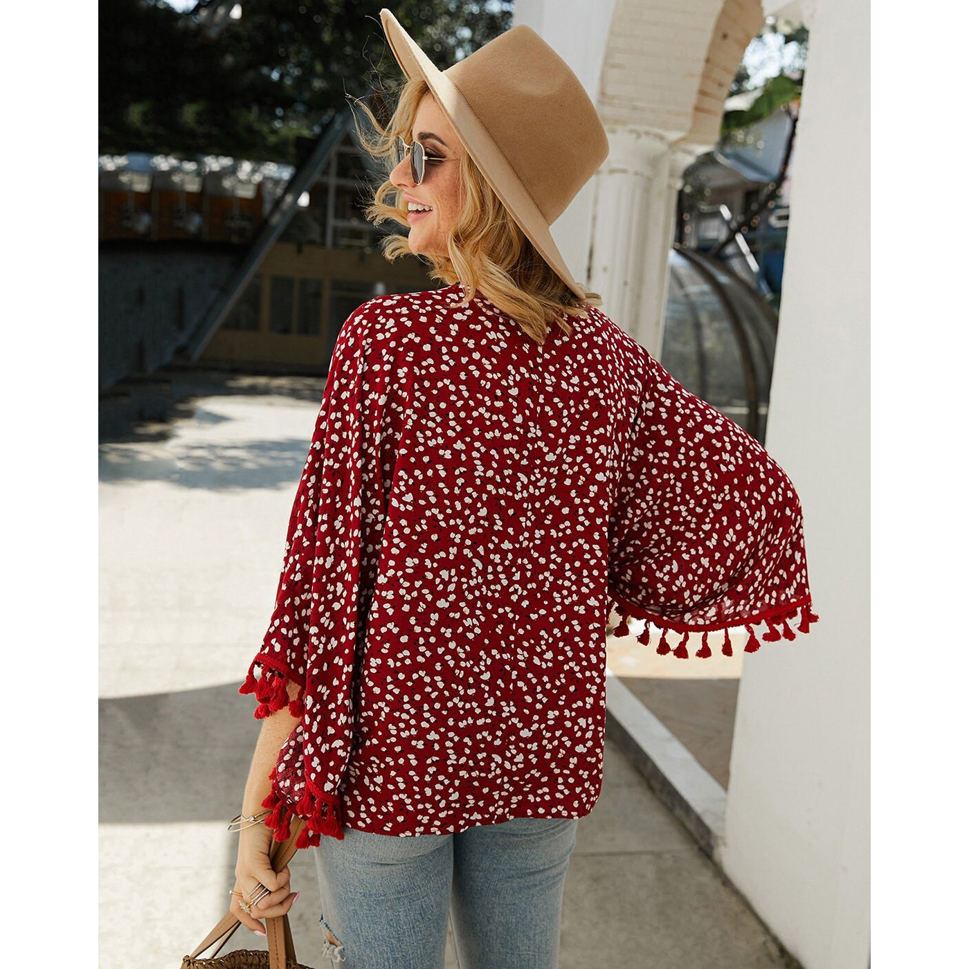 Boho Tassel V Neck Floral Button Down 3/4 Sleeve Blouse