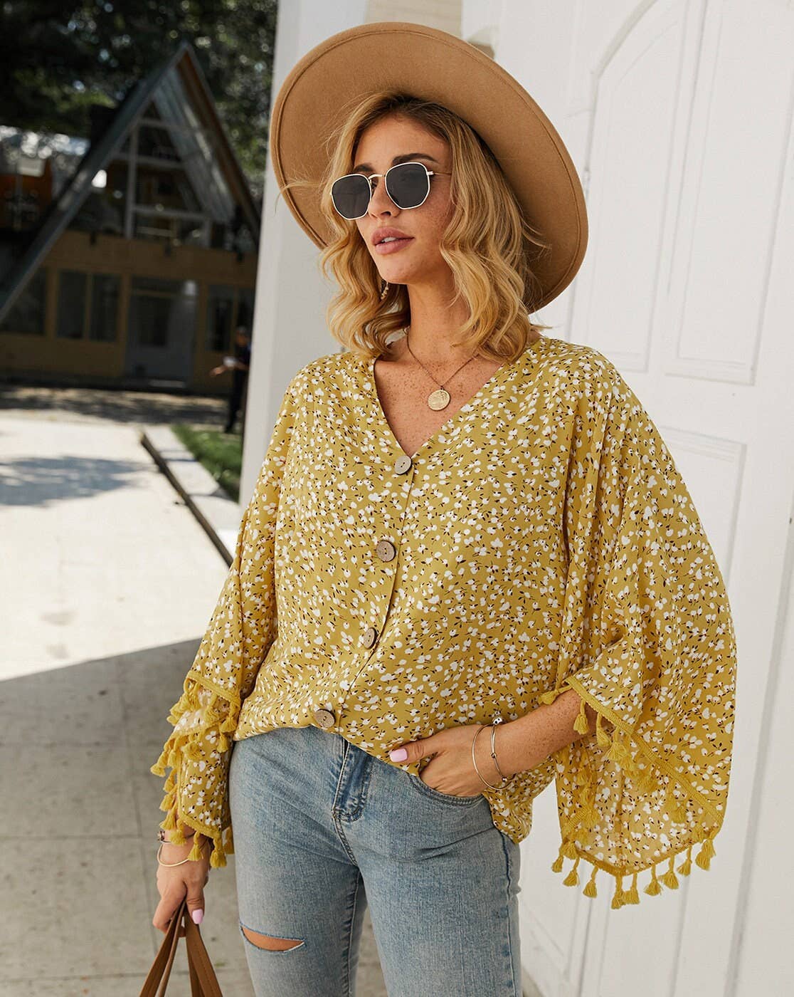 Boho Tassel V Neck Floral Button Down 3/4 Sleeve Blouse