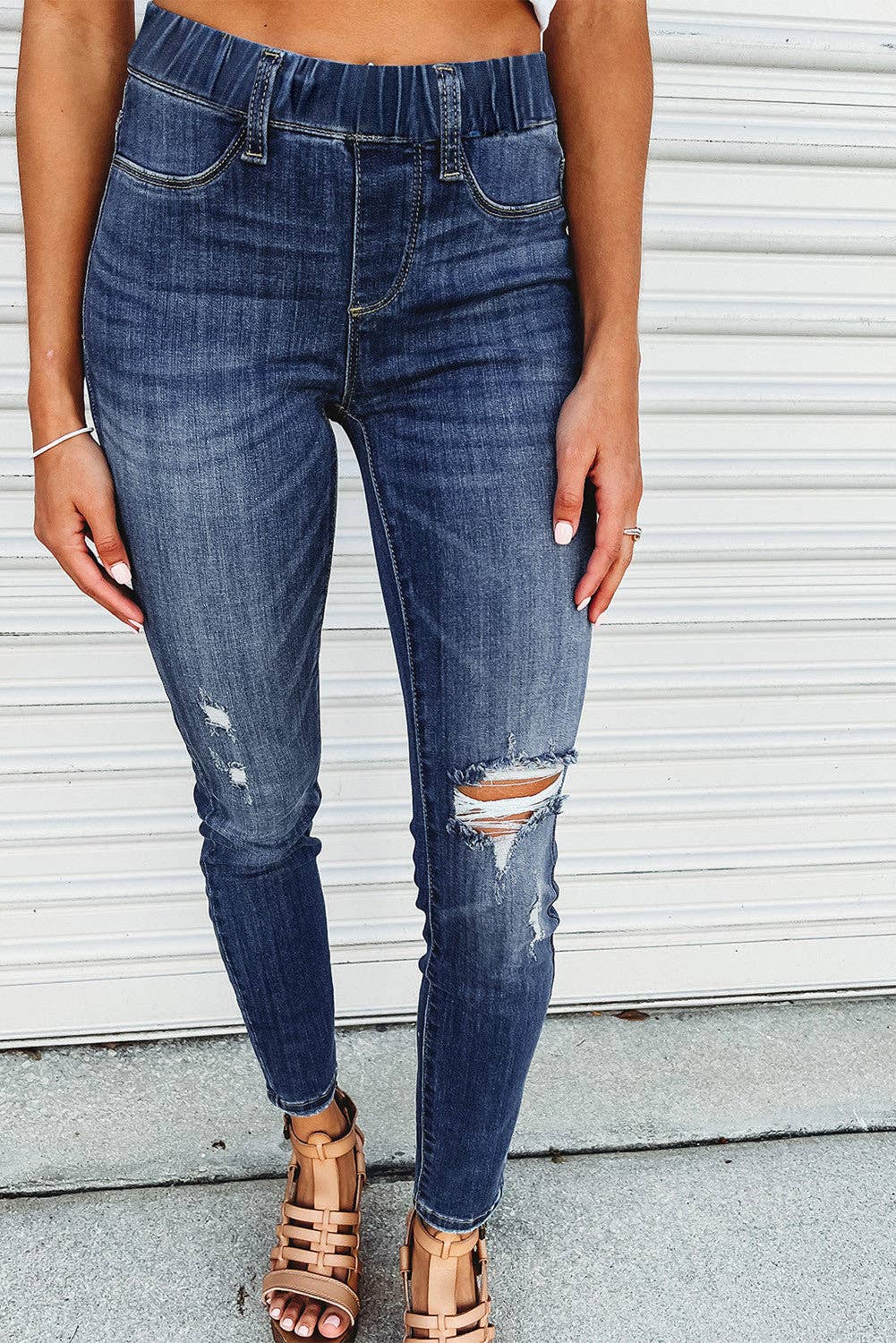 Pull On Blue Distressed High Waist Skinny Jeans