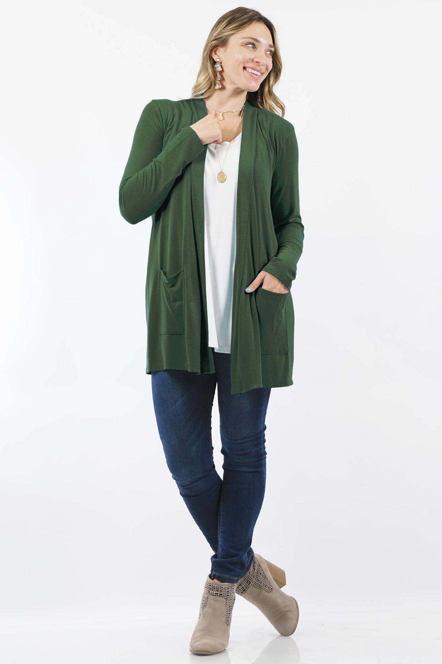 SLOUCHY POCKET OPEN CARDIGAN - ARMY GREEN