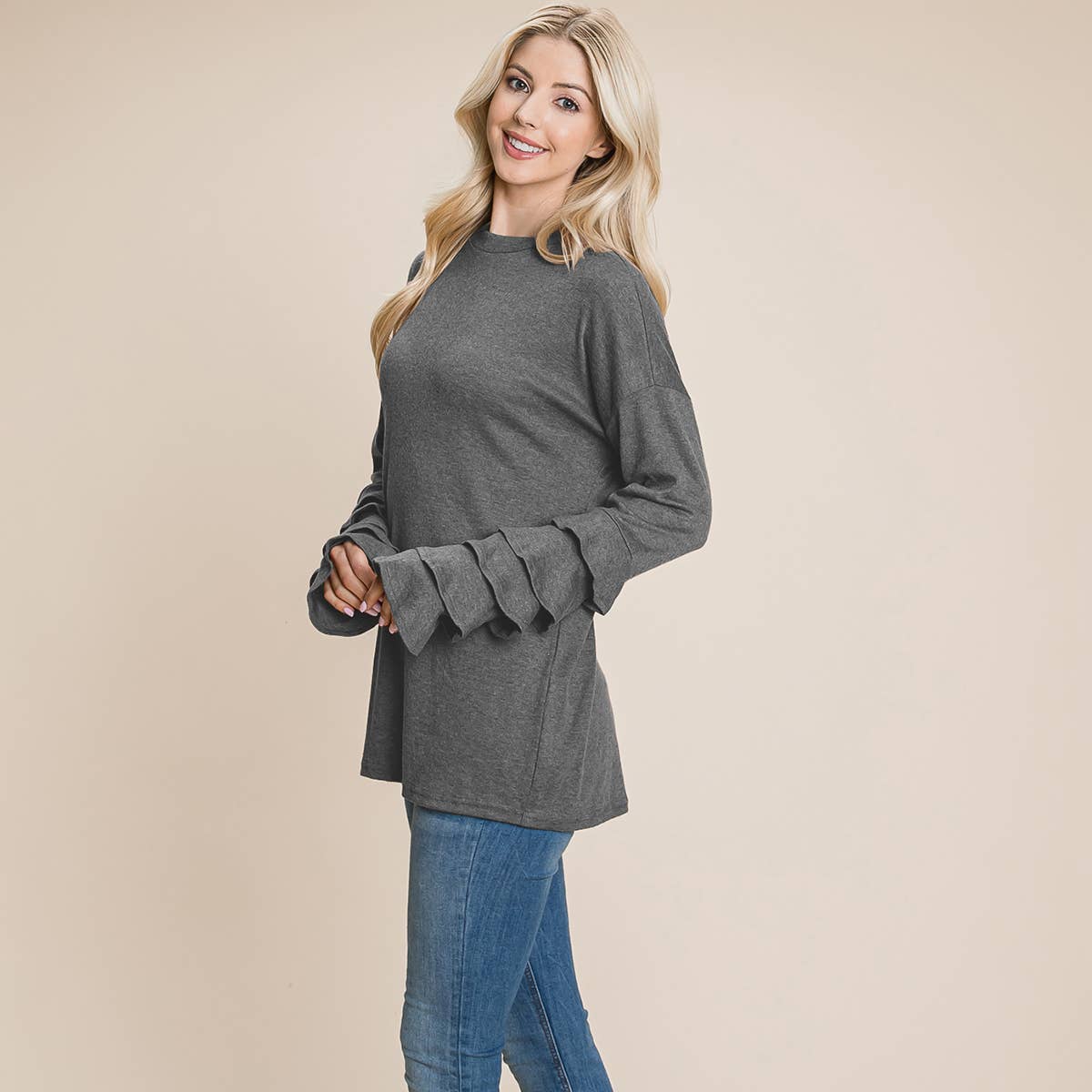 Long Sleeve Ruffle Layered Shirred Shirt