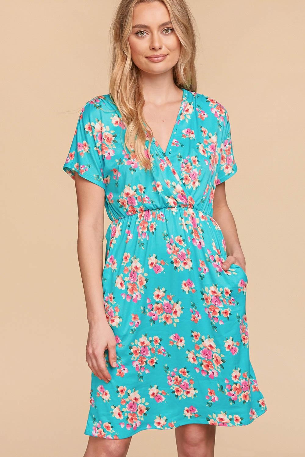 Aqua Floral Short Sleeve Pocket Dress