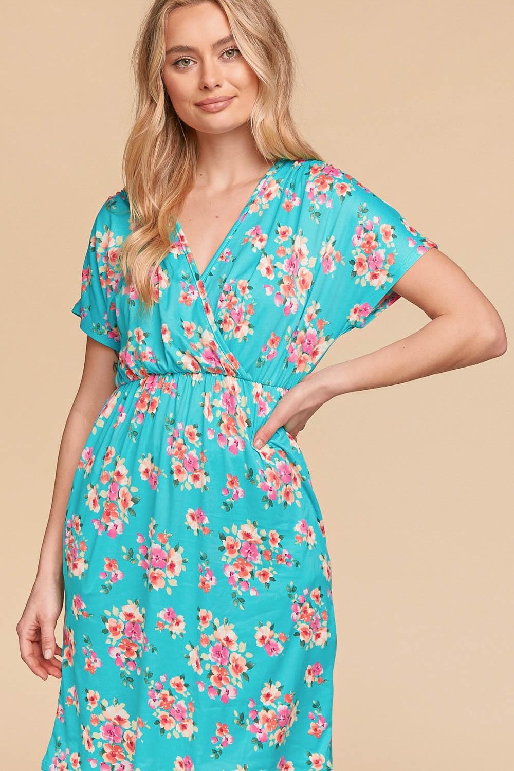 Aqua Floral Short Sleeve Pocket Dress