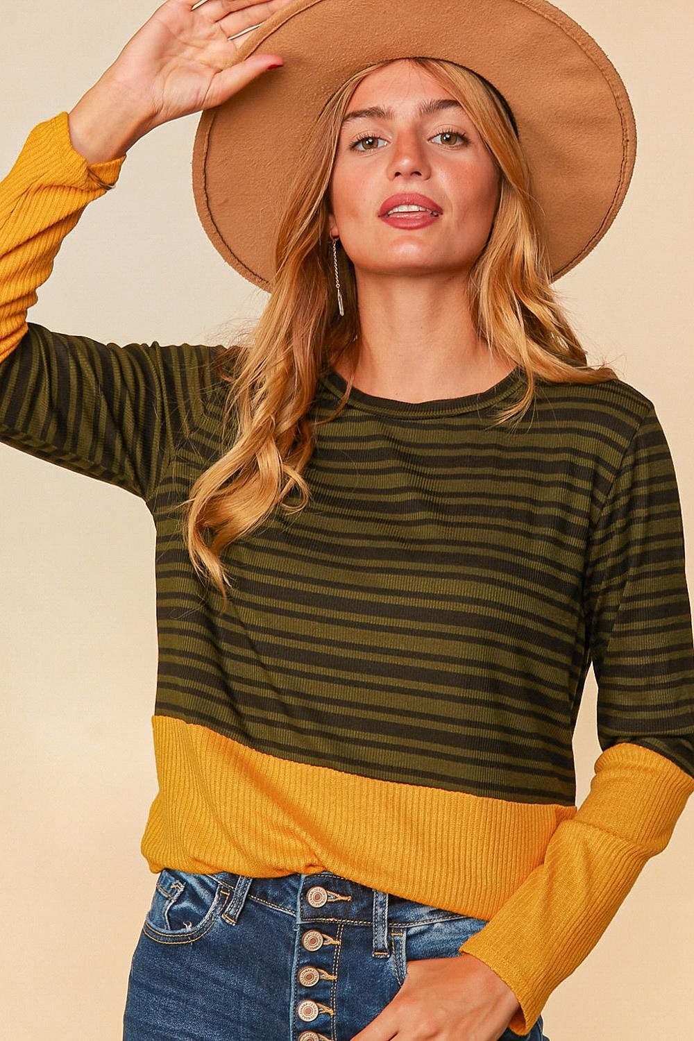 OLIVE & MUSTARD STRIPE RIB COLOR BLOCK TOP