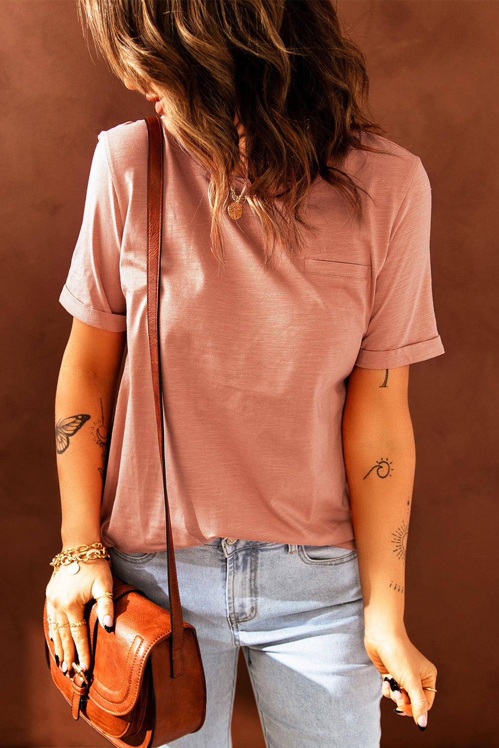 Salmon Solid Color Rolled Short Sleeve T Shirt