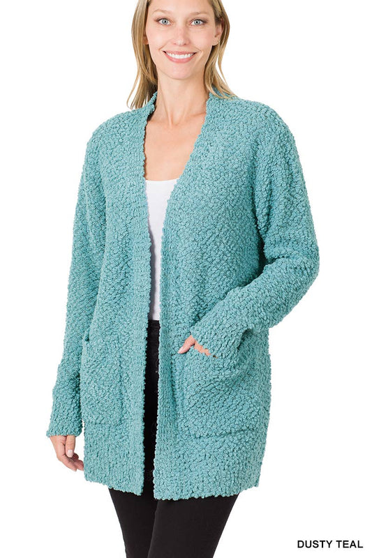 Dusty Teal Popcorn knit Sweater Cardigan w/ pockets