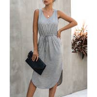 V Neck Sleeveless Drawstring Waist Women's Dress