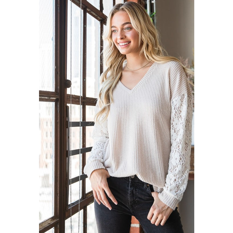 OATMEAL SOLID WAFFLE AND LACE TOP