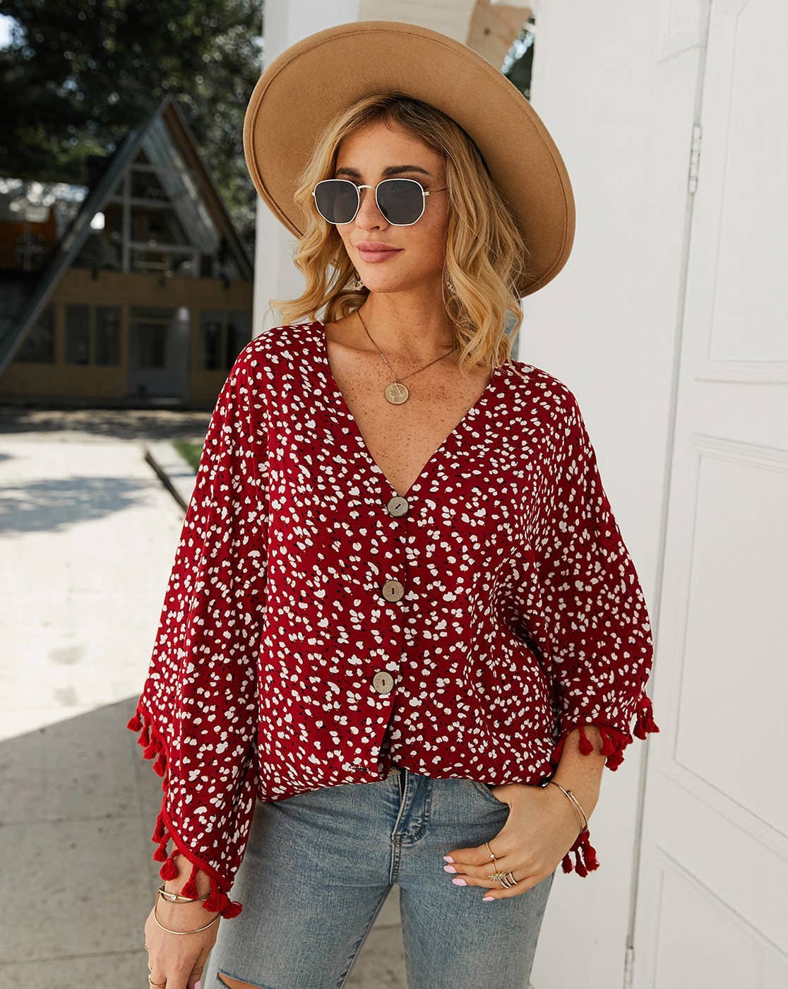 Boho Tassel V Neck Floral Button Down 3/4 Sleeve Blouse