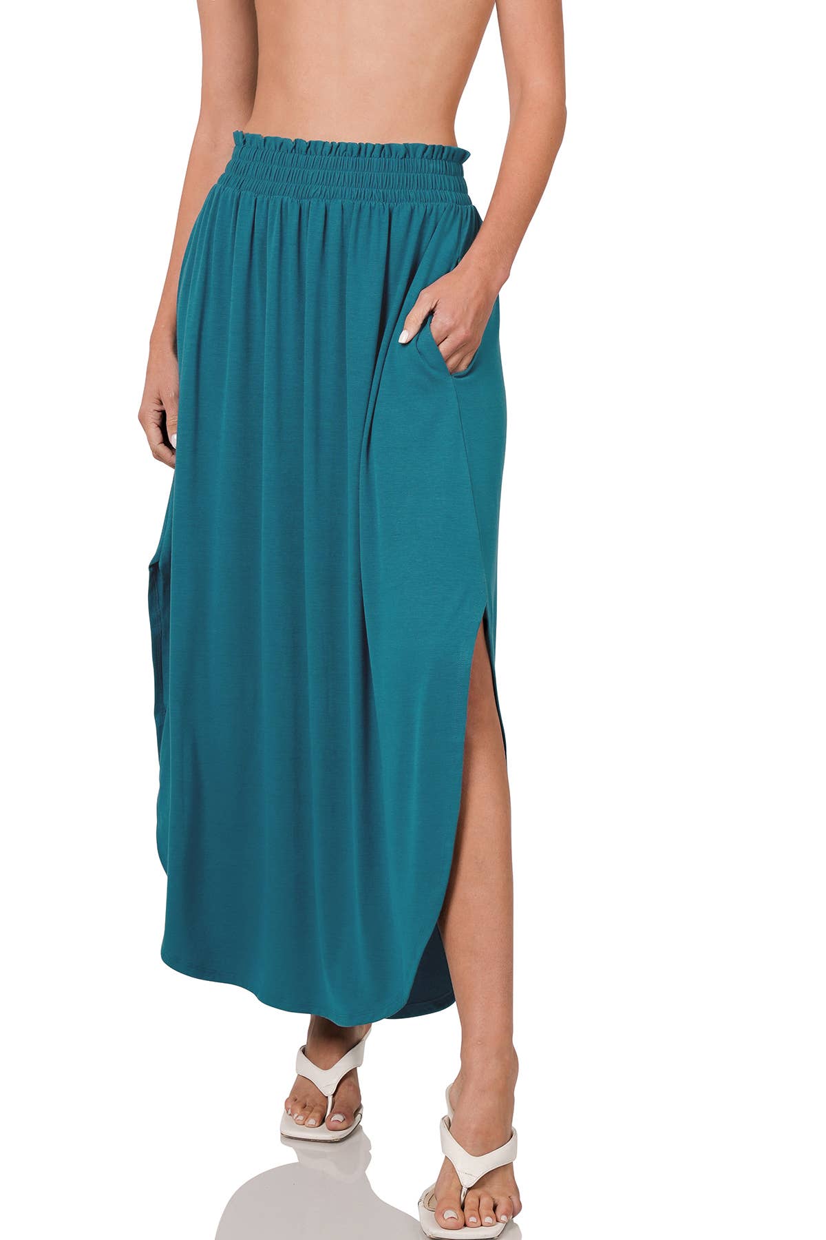 TEAL SMOCKED WAIST SIDE SLIT MAXI SKIRT WITH POCKETS