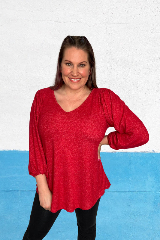 Balloon Sleeve Blouse  - Red