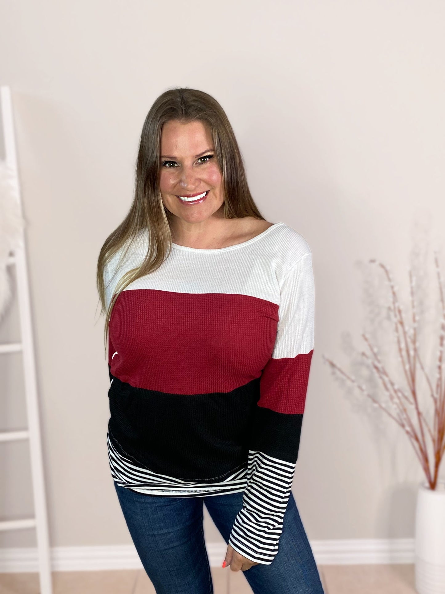 Color Block Waffle Top in Red