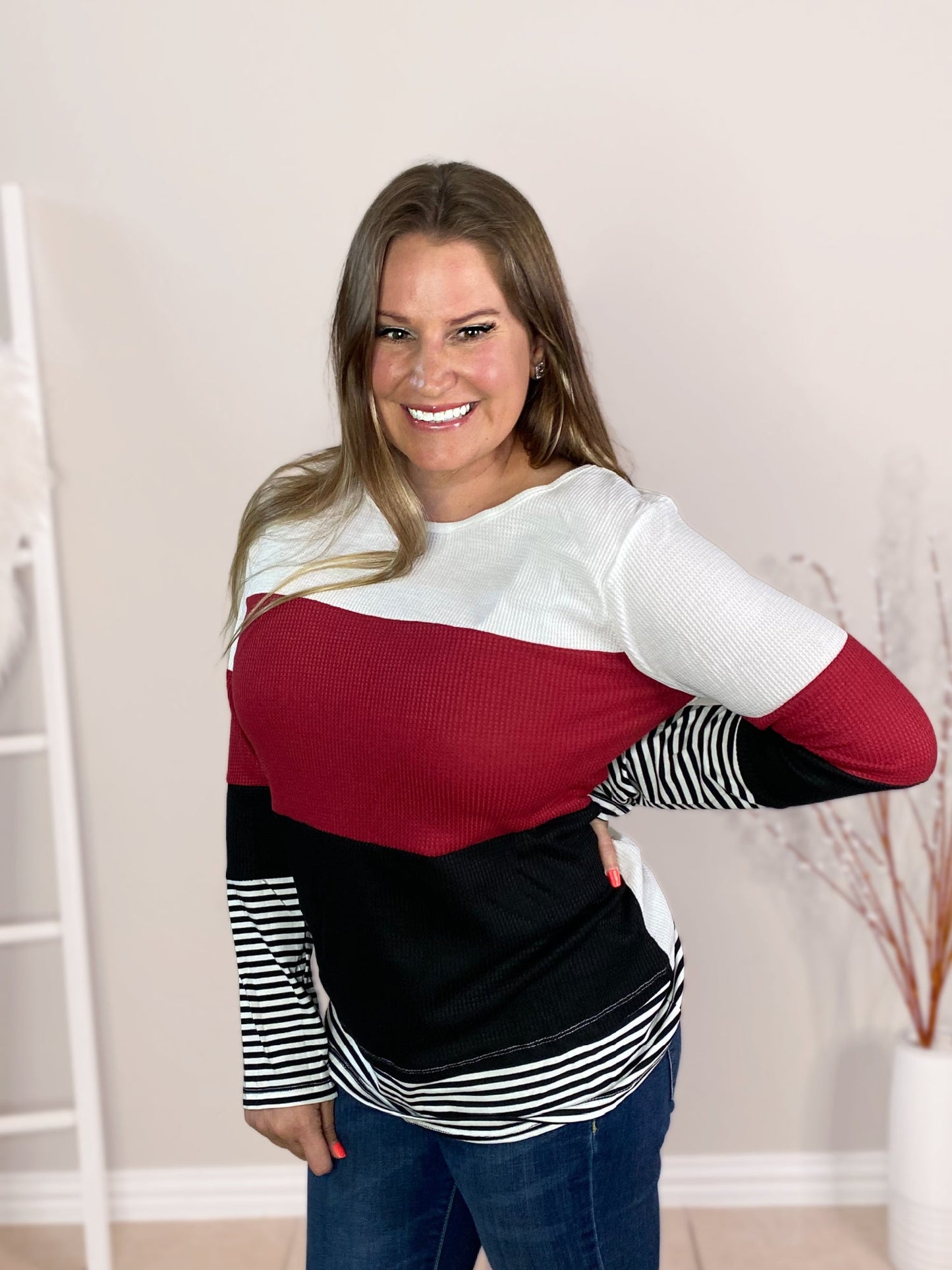 Color Block Waffle Top in Red