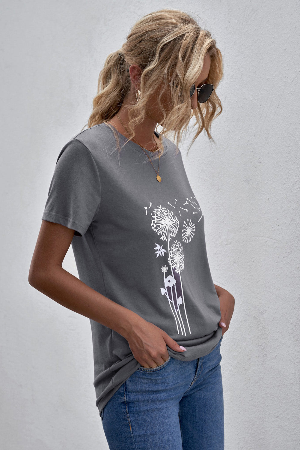 Grey Crew Neck Dandelion Print T-shirt