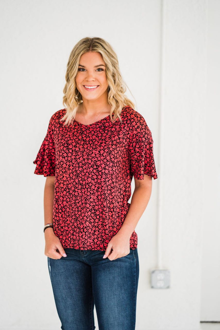 Flutter Sleeve Top in Red Ditsy Floral