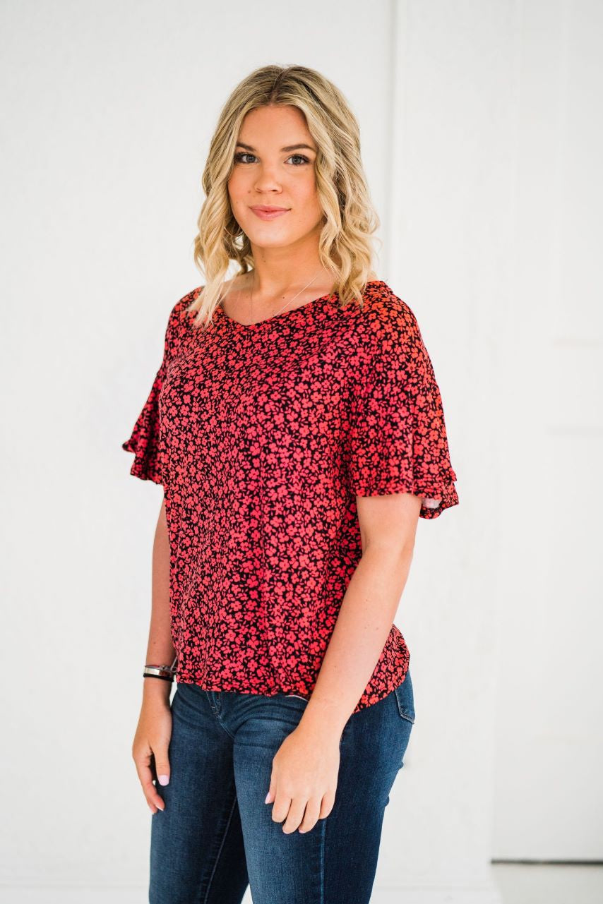 Flutter Sleeve Top in Red Ditsy Floral