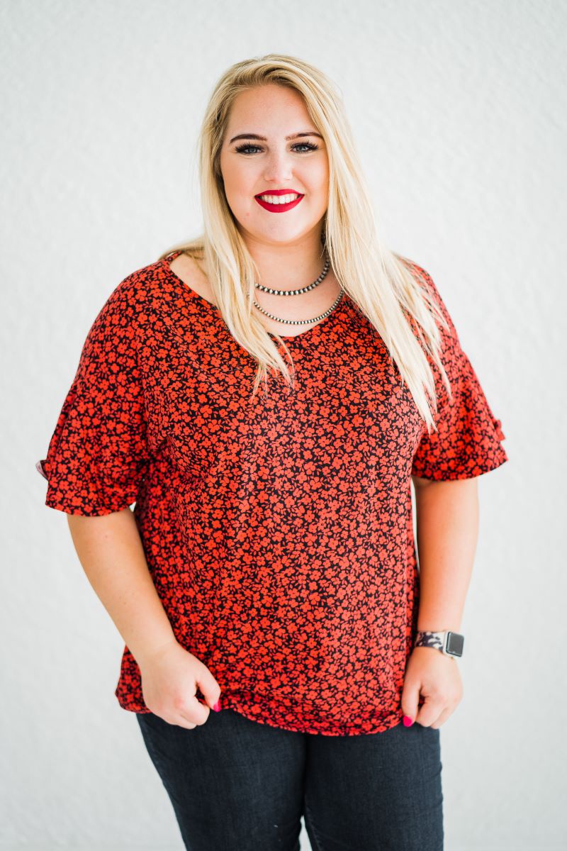 Flutter Sleeve Top in Red Ditsy Floral