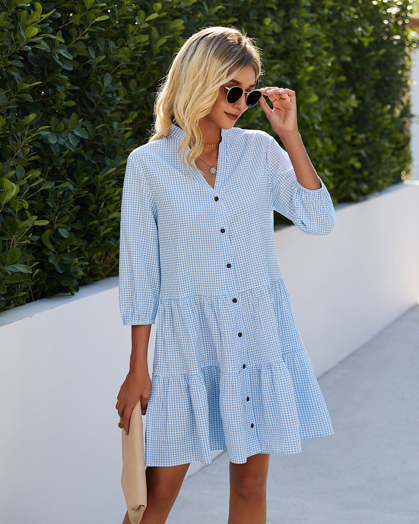 Contrast Button Down Gingham Dress