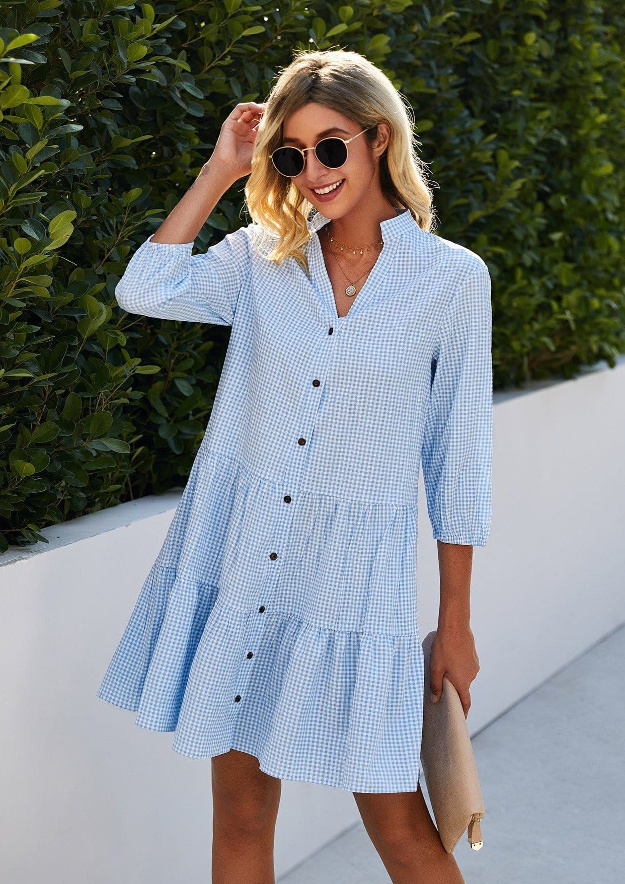 Contrast Button Down Gingham Dress