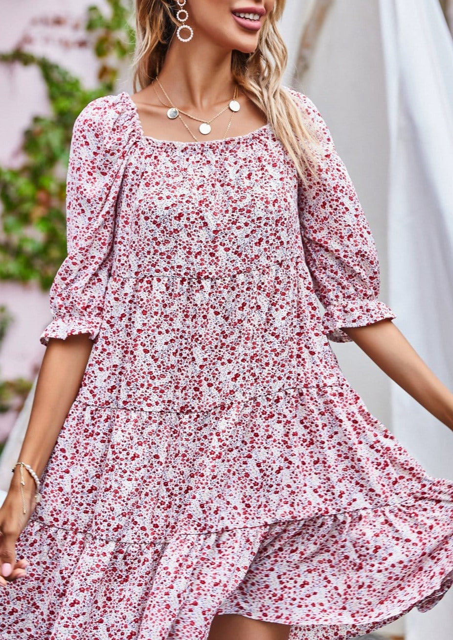 Square Neck Floral Tiered Dress