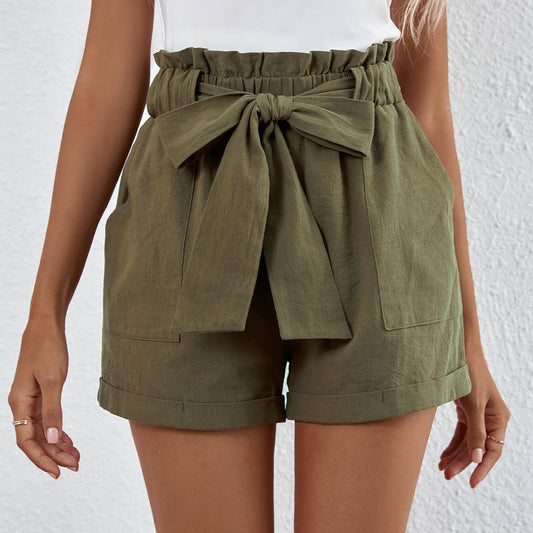 Breezy Vibes Cotton Olive Belted Paperbag Waist Shorts