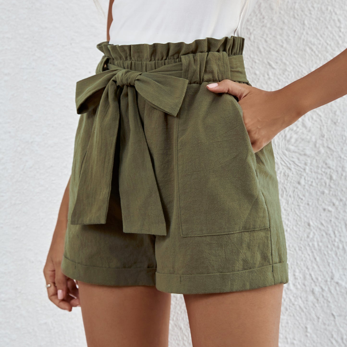 Breezy Vibes Cotton Olive Belted Paperbag Waist Shorts