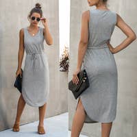 V Neck Sleeveless Drawstring Waist Women's Dress