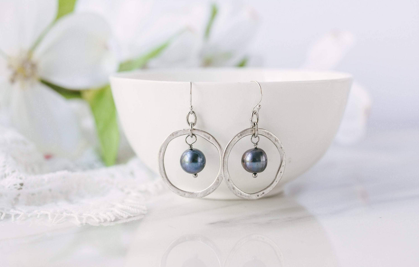 Pearl Hoop Earrings - Blue