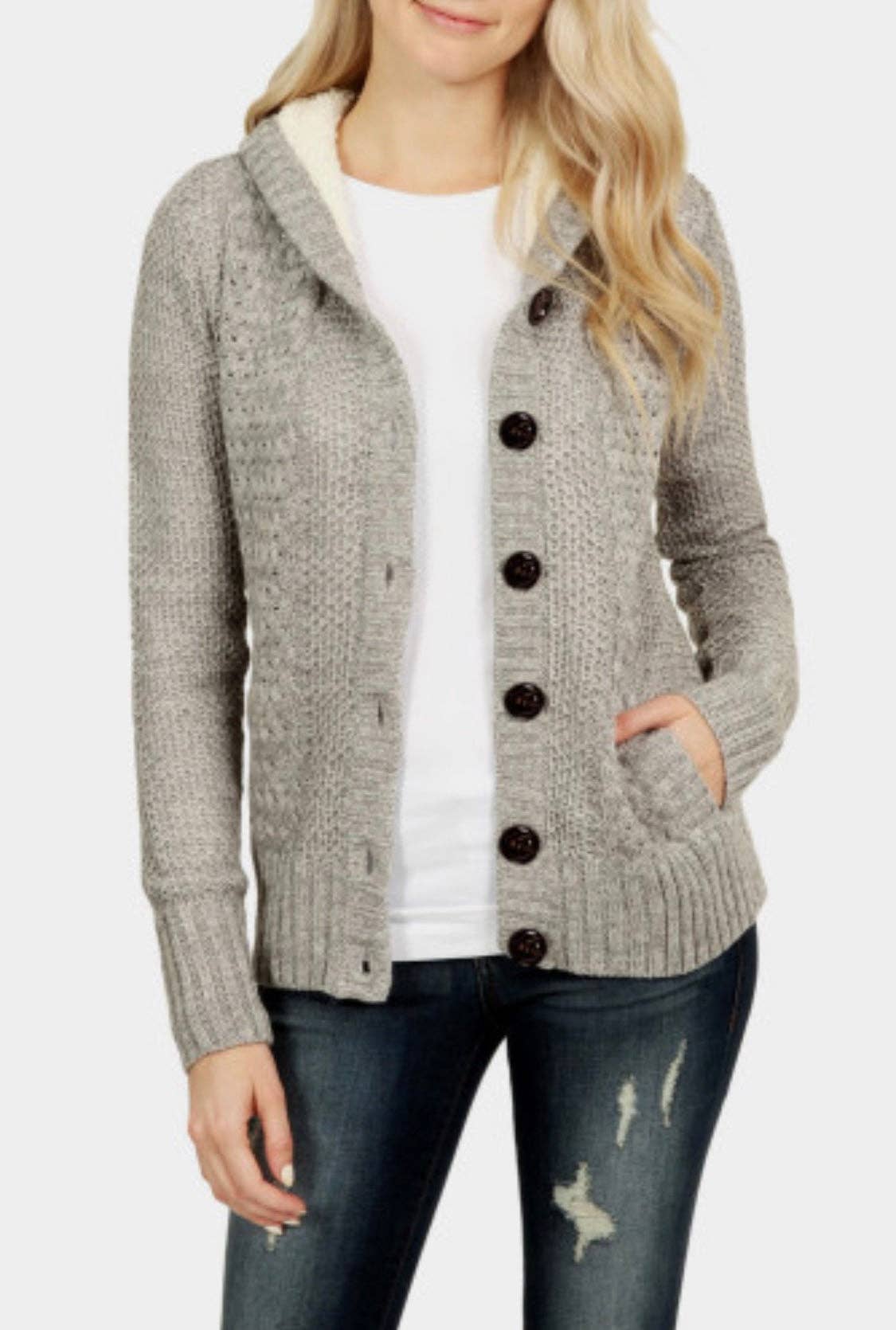 Gray Fleece Lined Hooded Sweater Jacket