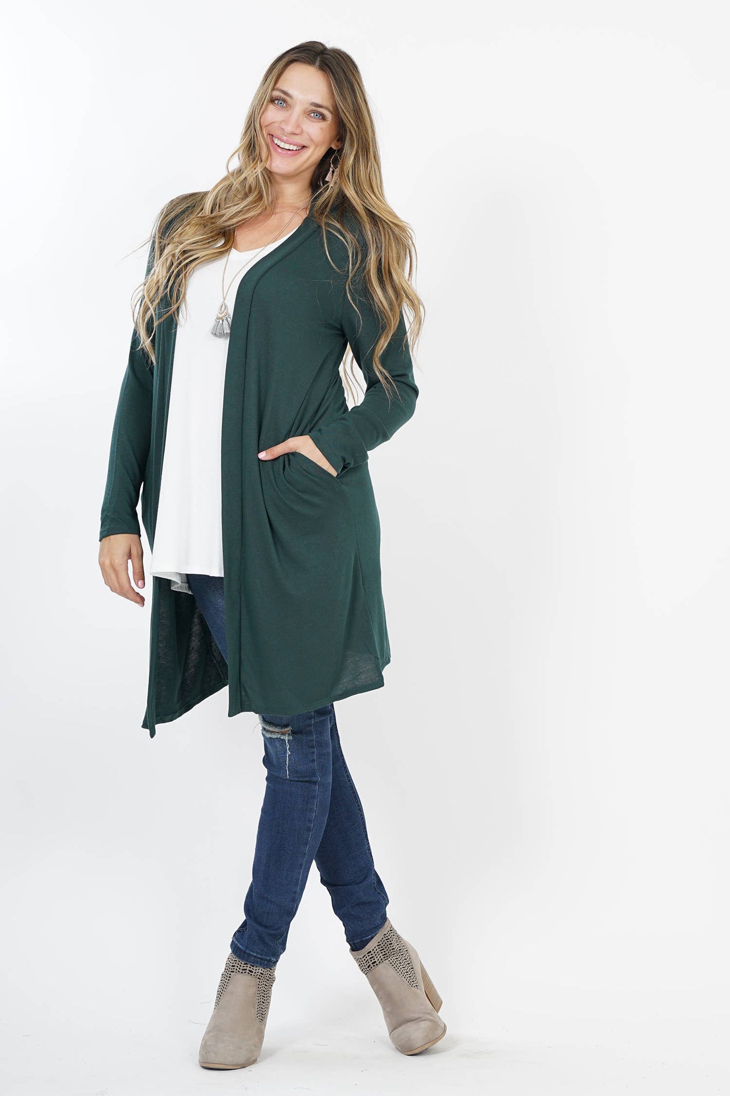 HUNTER GREEN PLUS SIZE SWEATER OPEN CARDIGAN WITH SIDE POCKETS
