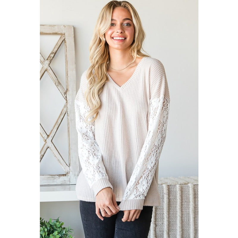 OATMEAL SOLID WAFFLE AND LACE TOP