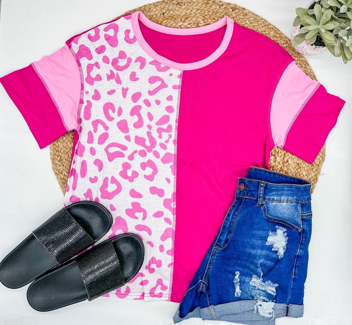 Leopard Hot Pink Color-block Top