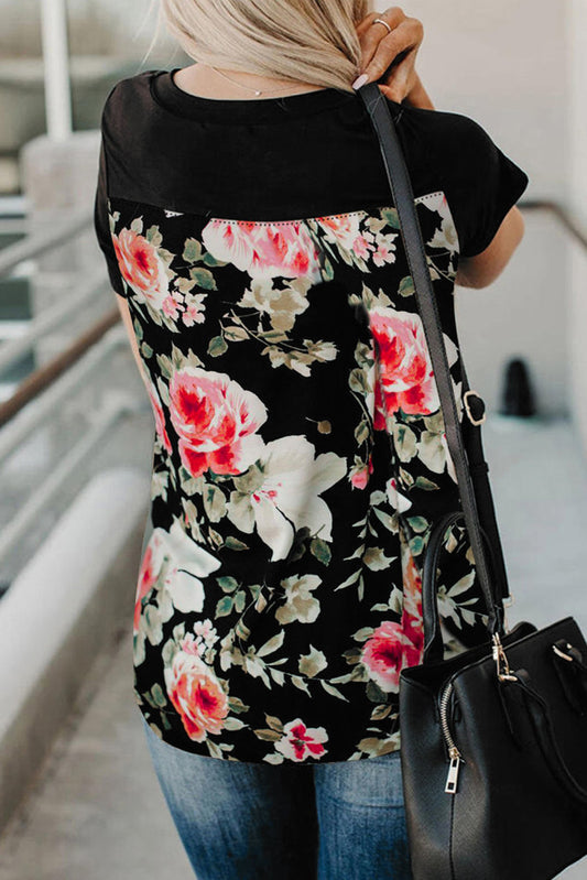 Black Floral Casual Pocket Tee