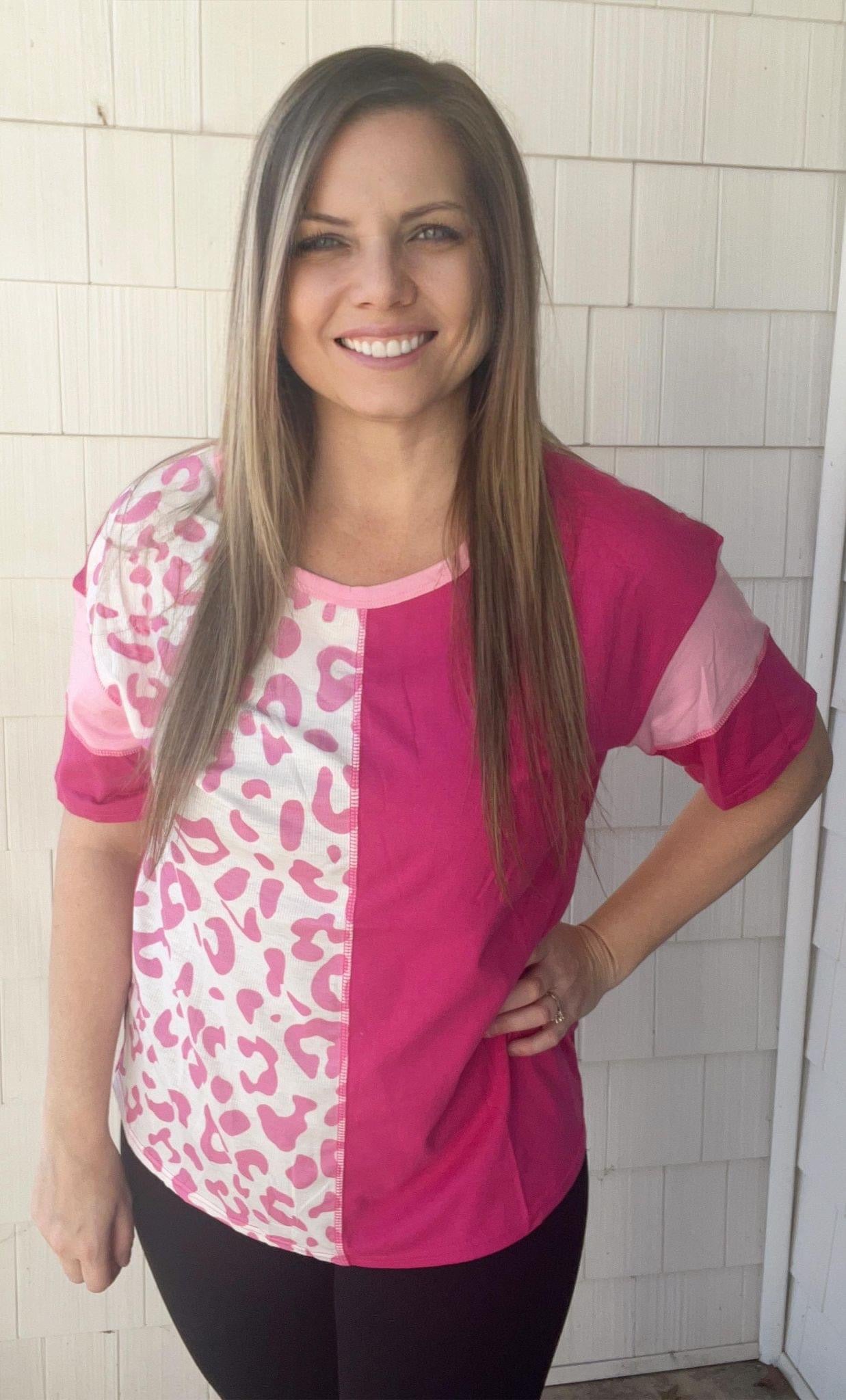 Leopard Hot Pink Color-block Top