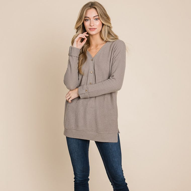 Waffle Brushed V Neck Knit Henley Sweater Tops