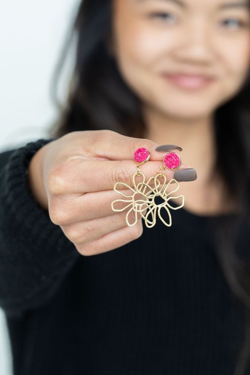 Brass Daisy Earrings- Raspberry / Pink Spring Flower Earring