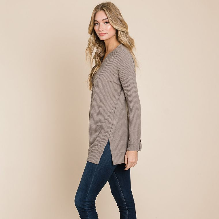 Waffle Brushed V Neck Knit Henley Sweater Tops