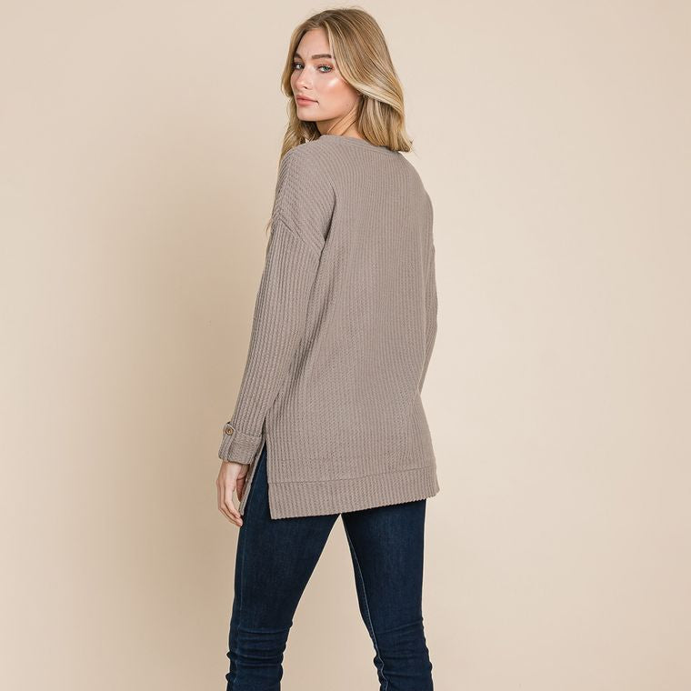 Waffle Brushed V Neck Knit Henley Sweater Tops