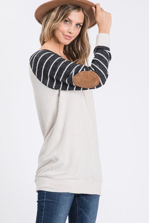 SOLID AND STRIPE TOP WITH ELBOW PATCH