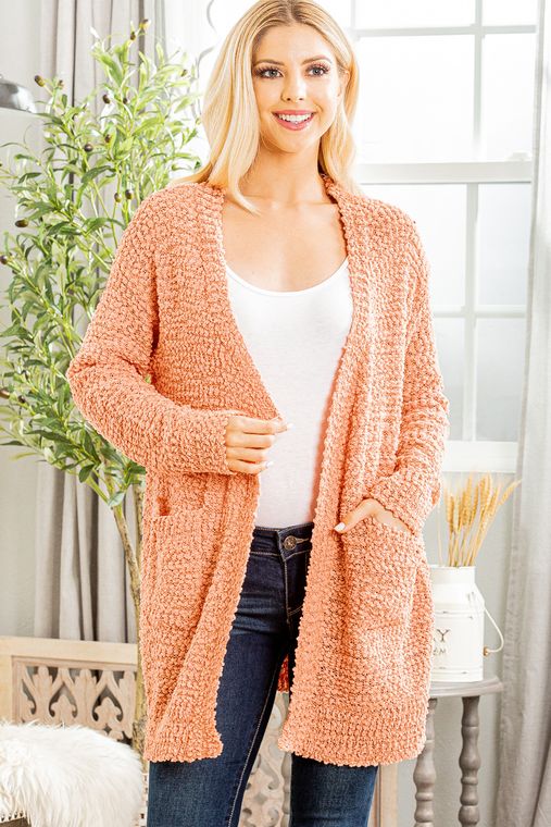 SOLID OPEN SWEATER CARDIGAN - CORAL