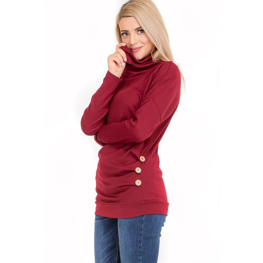 Casual Cowl Neck Button Dolman Sweater - Burgundy