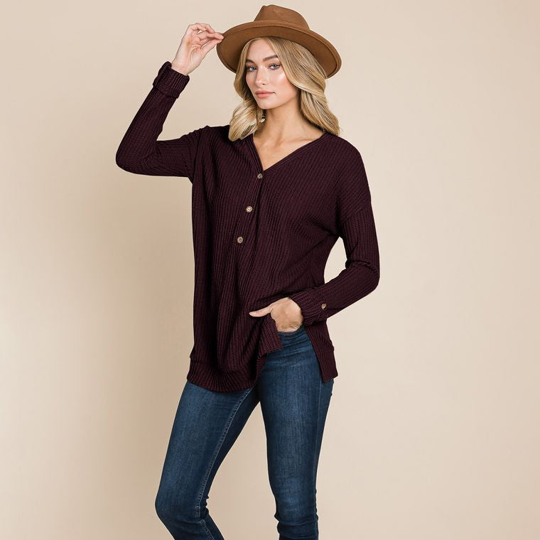 Waffle Brushed V Neck Knit Henley Sweater Tops