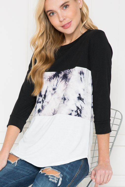 Solid Tie-Dye Color Block Top - 3/4 Sleeve