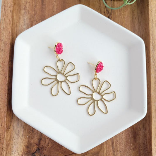 Brass Daisy Earrings- Raspberry / Pink Spring Flower Earring