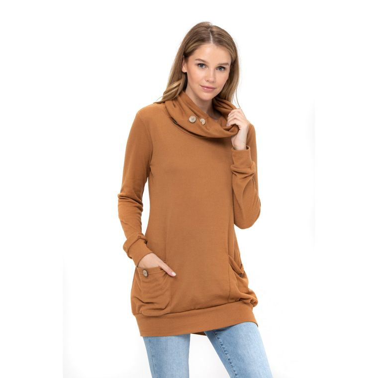 Long Sleeve Cowl Neck Tunic Top with Pockets -Camel