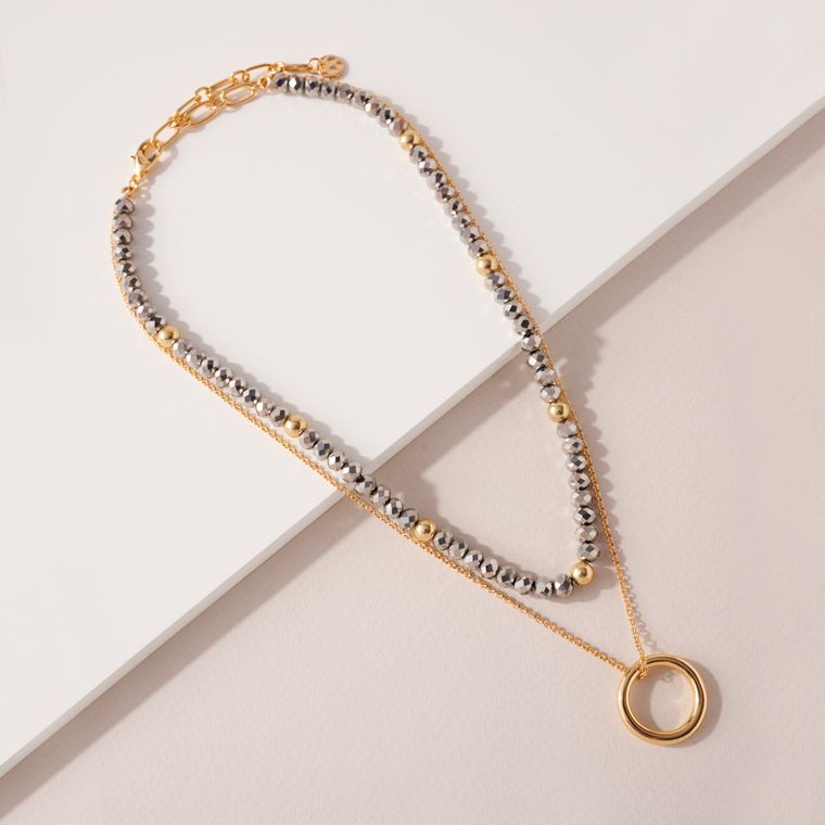 Avenue Zoe - Glass Bead Circle Charm Layered Necklace